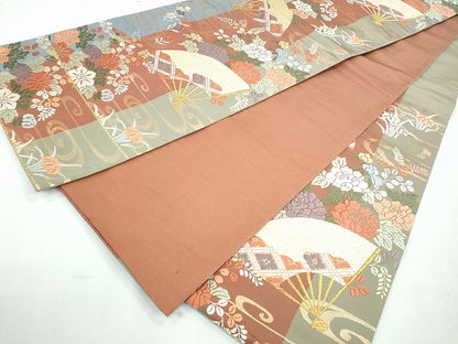 平和屋着物◎六通柄袋帯 流水扇面草花文 金糸 逸品 CAAI3755ku