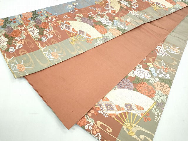 平和屋着物◎六通柄袋帯 流水扇面草花文 金糸 逸品 CAAI3755ku
