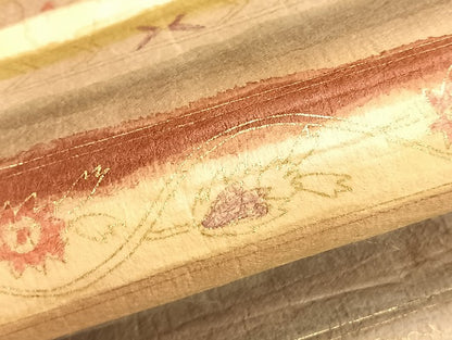 平和屋着物●太鼓柄袋帯 手描き 和紙 横段花文 金彩 逸品 BAAJ2555et