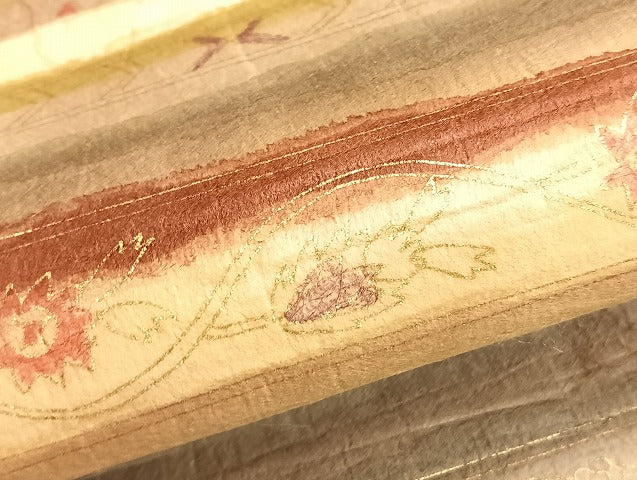 平和屋着物●太鼓柄袋帯 手描き 和紙 横段花文 金彩 逸品 BAAJ2555et