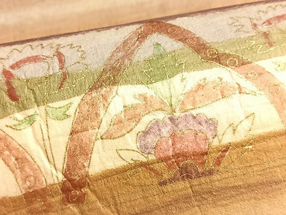 平和屋着物●太鼓柄袋帯 手描き 和紙 横段花文 金彩 逸品 BAAJ2555et