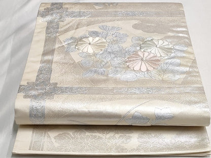平和屋着物◎六通柄袋帯 総刺繍 横段草花文 銀糸 正絹 逸品 AAAL8076cx