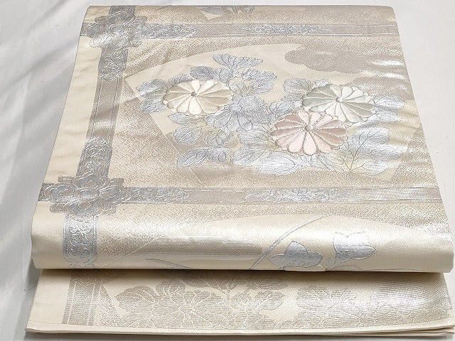 平和屋着物◎六通柄袋帯 総刺繍 横段草花文 銀糸 正絹 逸品 AAAL8076cx