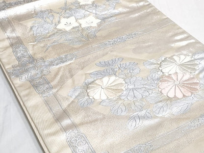 平和屋着物◎六通柄袋帯 総刺繍 横段草花文 銀糸 正絹 逸品 AAAL8076cx