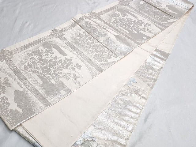 平和屋着物◎六通柄袋帯 総刺繍 横段草花文 銀糸 正絹 逸品 AAAL8076cx