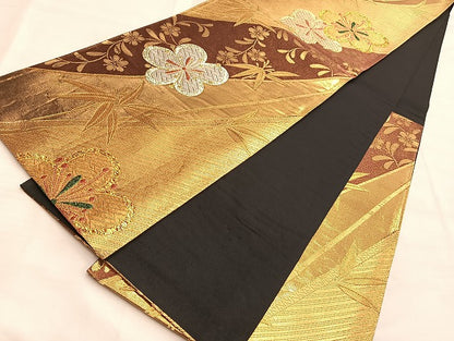 平和屋着物◎六通柄袋帯 唐織 竹梅 黒地 金糸 正絹 逸品 BAAK0947du