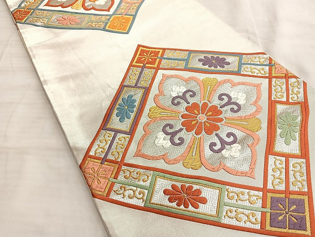 平和屋着物◎六通柄袋帯 唐織 作家物 吉祥花菱文 金銀糸 正絹 逸品 BAAK0954du