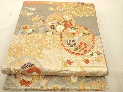 平和屋着物◎六通柄袋帯 唐織 雪輪花鳥文 金糸 正絹 逸品 AAAL8733fy