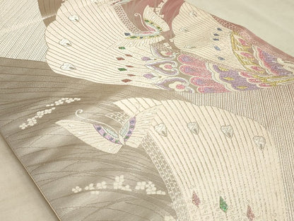 平和屋着物◎六通柄袋帯 唐織 扇面花蝶文 金銀糸 正絹 逸品 AAAM3147sx