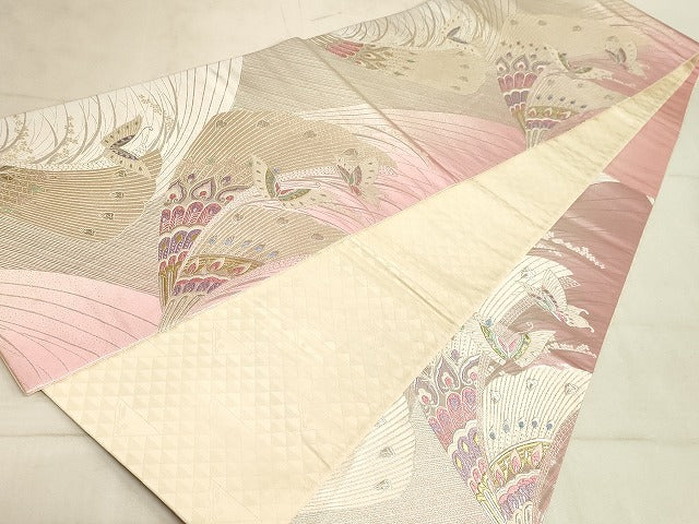 平和屋着物◎六通柄袋帯 唐織 扇面花蝶文 金銀糸 正絹 逸品 AAAM3147sx