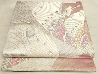 平和屋着物◎六通柄袋帯 唐織 扇面花蝶文 金銀糸 正絹 逸品 AAAM3147sx
