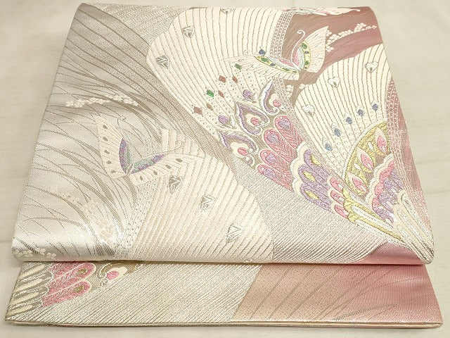 平和屋着物◎六通柄袋帯 唐織 扇面花蝶文 金銀糸 正絹 逸品 AAAM3147sx