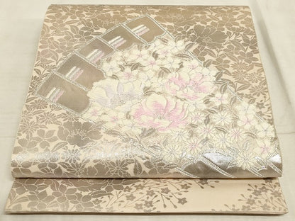 平和屋着物◎六通柄袋帯 唐織 手織錦 瑞祥花扇面文 銀糸 正絹 逸品 AAAM3162sx