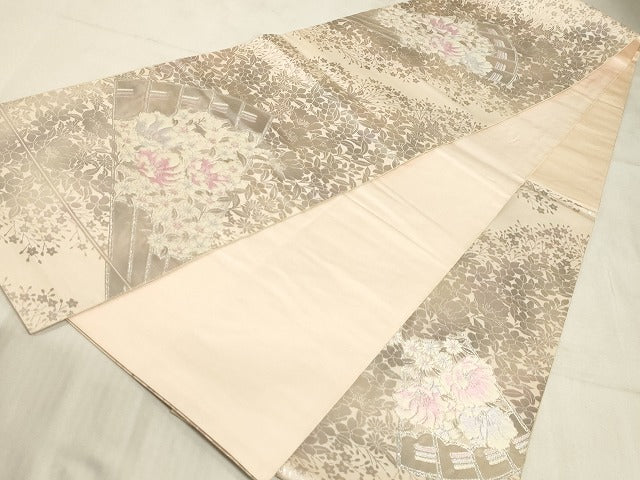 平和屋着物◎六通柄袋帯 唐織 手織錦 瑞祥花扇面文 銀糸 正絹 逸品 AAAM3162sx