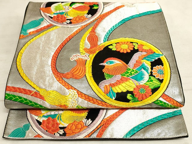 平和屋着物◎西陣 井上定機業店 六通柄袋帯 唐織 花鳥丸文 銀糸 正絹 逸品 AAAM3154sx