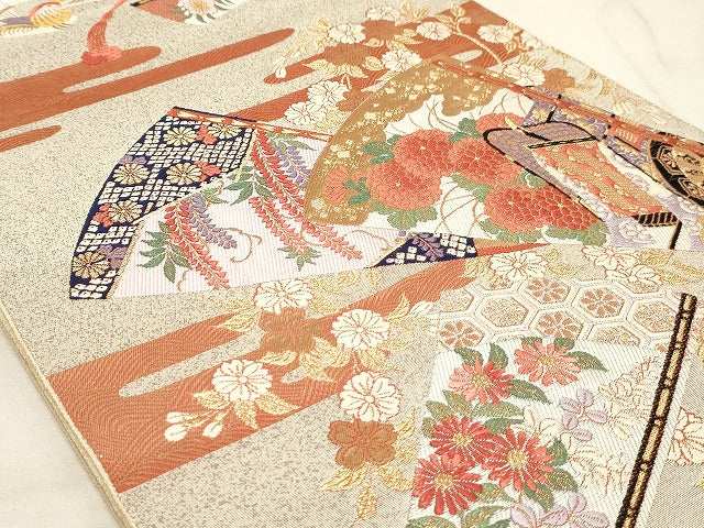 平和屋着物◎六通柄袋帯　唐織　鴛鴦　扇面御所車花文　金糸　正絹　逸品　AAAM3175sx