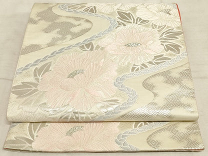 平和屋着物◎六通柄袋帯 唐織 流れ花文 銀糸 正絹 逸品 AAAM3193sx