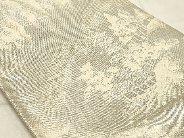 平和屋着物◎西陣 六通柄袋帯 風景文 銀糸 証紙付き 正絹 逸品 AAAM3187sx