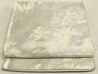 平和屋着物◎西陣 六通柄袋帯 風景文 銀糸 証紙付き 正絹 逸品 AAAM3187sx