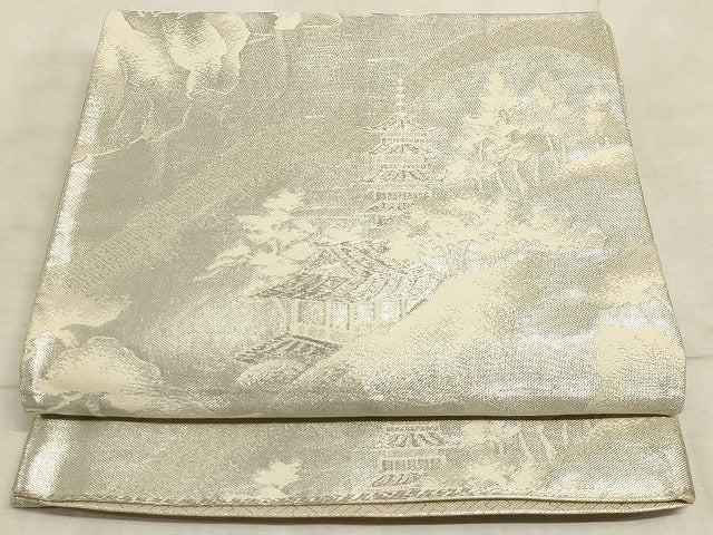 平和屋着物◎西陣 六通柄袋帯 風景文 銀糸 証紙付き 正絹 逸品 AAAM3187sx