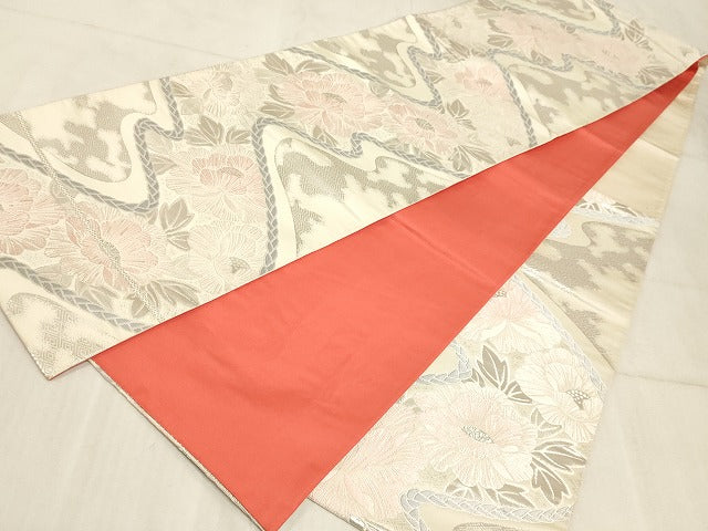 平和屋着物◎六通柄袋帯 唐織 流れ花文 銀糸 正絹 逸品 AAAM3193sx