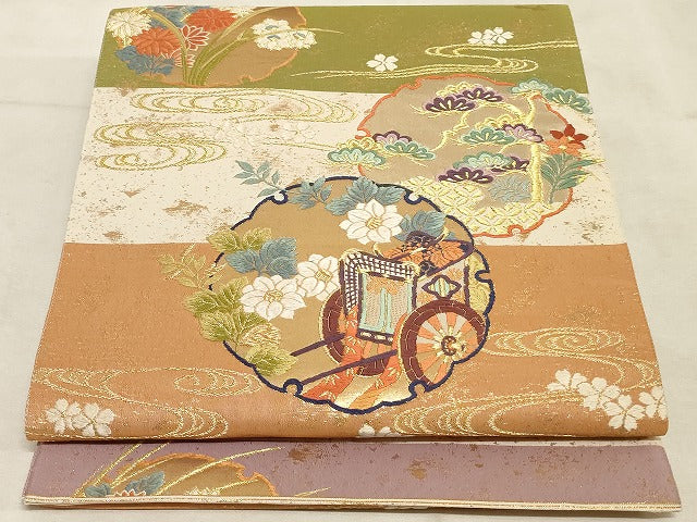 平和屋着物◎明つづれ錦彩 六通柄袋帯 雪輪御所車花文 金銀糸 正絹 逸品 AAAM4424ru