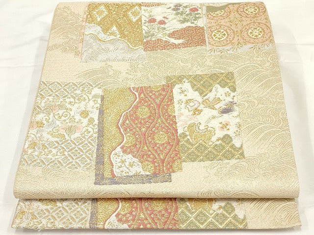 平和屋着物◎六通柄袋帯 吉祥色紙文 金糸 正絹 逸品 AAAM4441ru