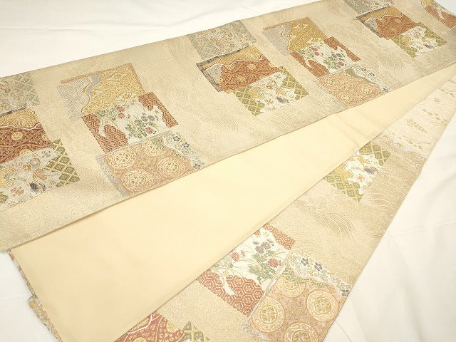 平和屋着物◎六通柄袋帯 吉祥色紙文 金糸 正絹 逸品 AAAM4441ru