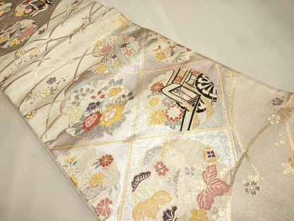 平和屋着物◎佐賀錦 六通柄袋帯 雪輪御所車草花文 金糸 正絹 逸品 CAAJ9811oy