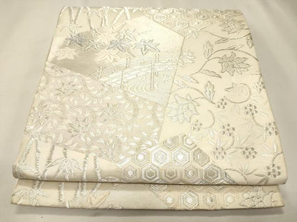 平和屋着物◎六通柄袋帯 切嵌渡橋花唐草文 銀糸 正絹 逸品 CAAJ9836oy