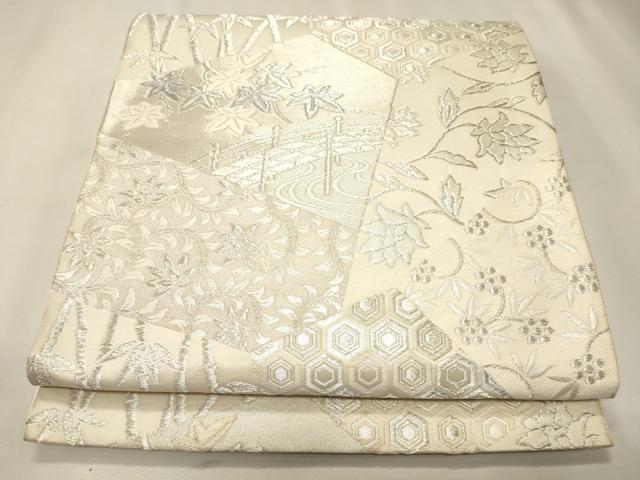 平和屋着物◎六通柄袋帯 切嵌渡橋花唐草文 銀糸 正絹 逸品 CAAJ9836oy