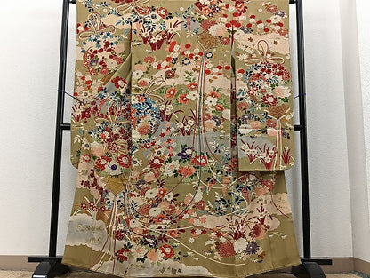 平和屋本店■極上　アンティーク　大正ロマン　振袖　駒刺繍　結び紐花文　金糸　金彩　逸品　BAAH3778zb4