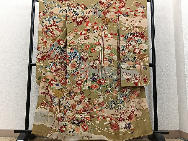 平和屋本店■極上　アンティーク　大正ロマン　振袖　駒刺繍　結び紐花文　金糸　金彩　逸品　BAAH3778zb4