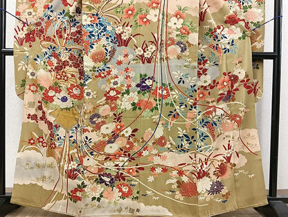 平和屋本店■極上　アンティーク　大正ロマン　振袖　駒刺繍　結び紐花文　金糸　金彩　逸品　BAAH3778zb4
