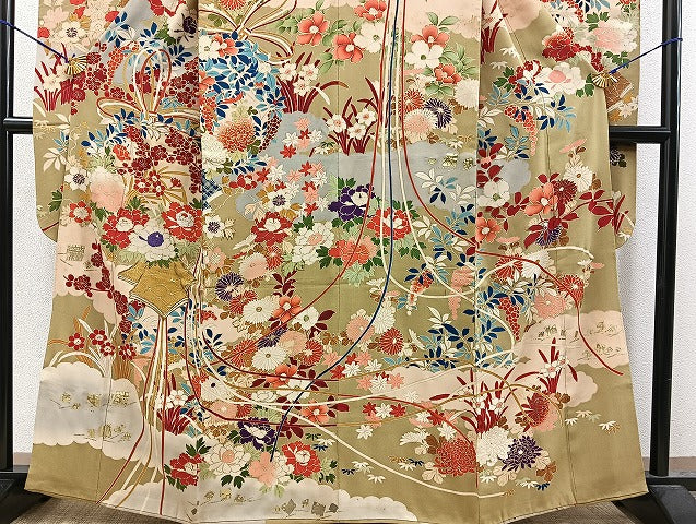 平和屋本店■極上　アンティーク　大正ロマン　振袖　駒刺繍　結び紐花文　金糸　金彩　逸品　BAAH3778zb4