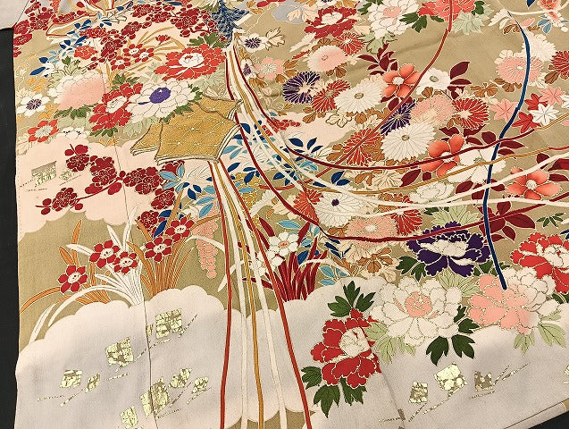 平和屋本店■極上　アンティーク　大正ロマン　振袖　駒刺繍　結び紐花文　金糸　金彩　逸品　BAAH3778zb4