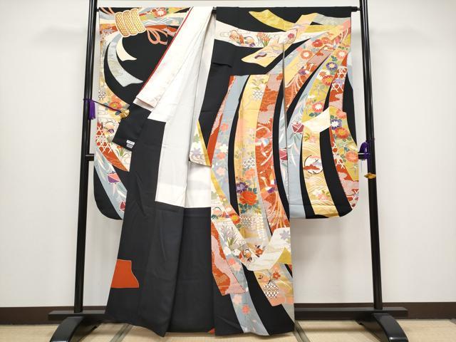 平和屋本店■極上　創業460年・千總　振袖　駒刺繍　束ね熨斗花鳥文　黒地　金彩　高島屋扱い　逸品　CYAA0836s5