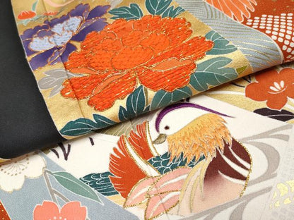 平和屋本店■極上　創業460年・千總　振袖　駒刺繍　束ね熨斗花鳥文　黒地　金彩　高島屋扱い　逸品　CYAA0836s5