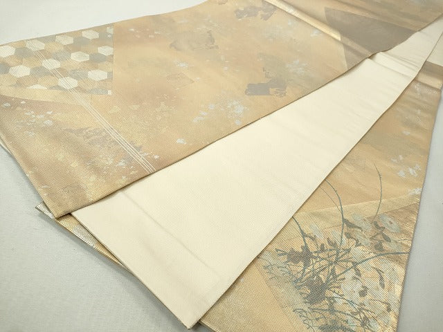 平和屋着物◎六通太鼓柄袋帯 色紙重ね枝菊文 金銀彩 正絹 逸品 CAAI3943ku