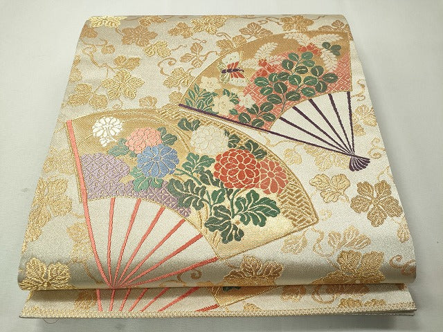 平和屋着物◎六通柄袋帯 唐織 扇面花蝶文 金糸 正絹 逸品 CAAI3949ku