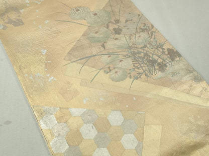 平和屋着物◎六通太鼓柄袋帯 色紙重ね枝菊文 金銀彩 正絹 逸品 CAAI3943ku