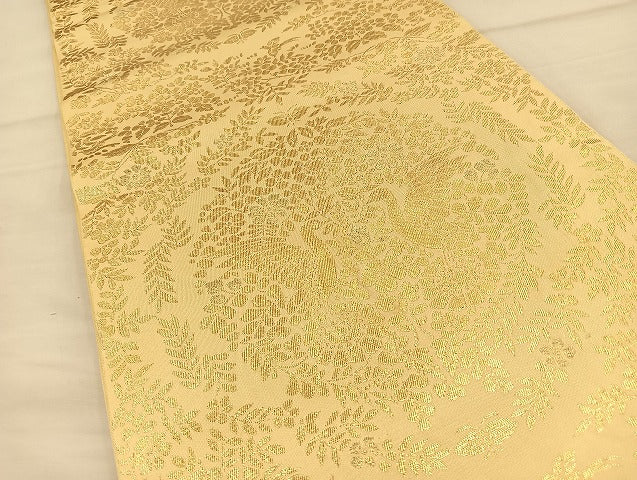 平和屋着物◎六通柄 本袋帯 向かい鳥草花文 金糸 正絹 逸品 BAAI6767di