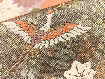 平和屋着物◎六通柄袋帯 唐織 飛鶴引き寄せ花丸文 金糸 正絹 逸品 BAAI6761di