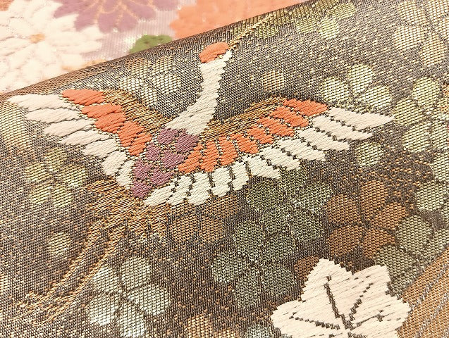 平和屋着物◎六通柄袋帯 唐織 飛鶴引き寄せ花丸文 金糸 正絹 逸品 BAAI6761di