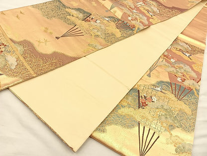 平和屋着物◎六通柄袋帯 唐織 扇面花鳥文 金糸 正絹 逸品 BAAI6774di