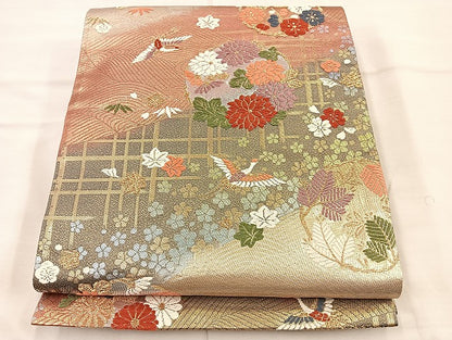 平和屋着物◎六通柄袋帯 唐織 飛鶴引き寄せ花丸文 金糸 正絹 逸品 BAAI6761di