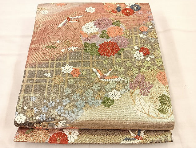 平和屋着物◎六通柄袋帯 唐織 飛鶴引き寄せ花丸文 金糸 正絹 逸品 BAAI6761di