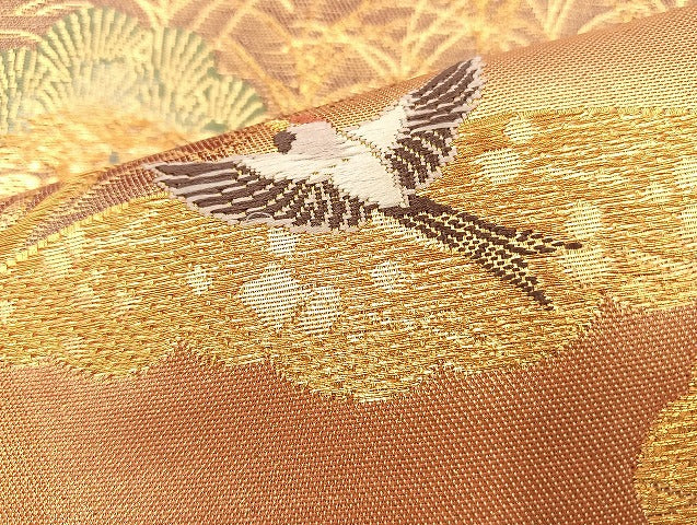 平和屋着物◎六通柄袋帯 唐織 扇面花鳥文 金糸 正絹 逸品 BAAI6774di