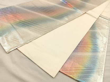平和屋着物◎六通柄袋帯 斜線文 銀糸 正絹 逸品 BAAI6769di