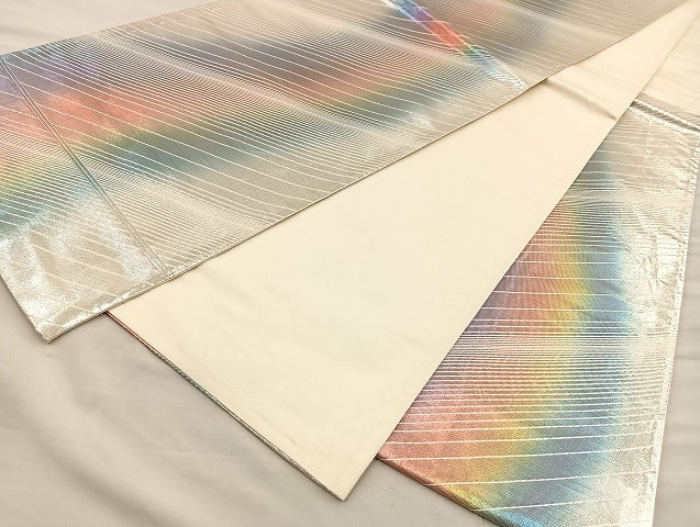 平和屋着物◎六通柄袋帯 斜線文 銀糸 正絹 逸品 BAAI6769di